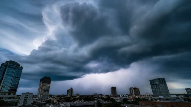 Dramatic storm clouds gather over city skyline at dusk
