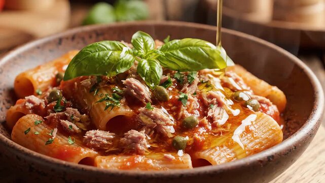 Close up slow motion view of olive oil drizzling over a hearty plate of tuna pasta with thick tomato sauce and fresh herbs