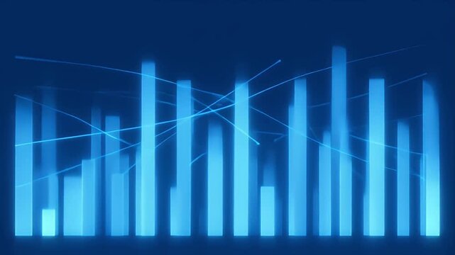 Finance data chart bar graph blue analytics statistic growth trend with glowing blue bar chart and upward line graph on dark background for business performance digital dashboard insights