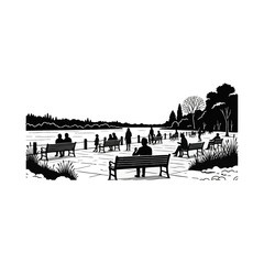 Obraz premium Black and white silhouette vector of people sitting on park benches and walking by a lakeside promenade with trees and scenic water landscape in a minimalist graphic style.
