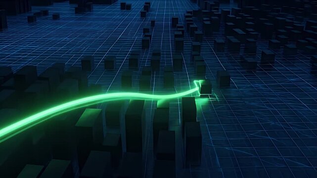 Finance growth arrow chart data analysis business investment profit technology 3D rendering futuristic digital grid with glowing green arrow rising over dark bar blocks showing market trend momentum