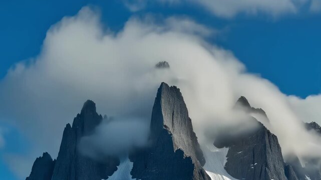 Jagged mountain peaks shrouded in wispy clouds under a bright blue sky