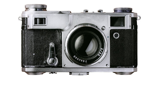 Classic retro film camera with 50mm lens front view on solid black background