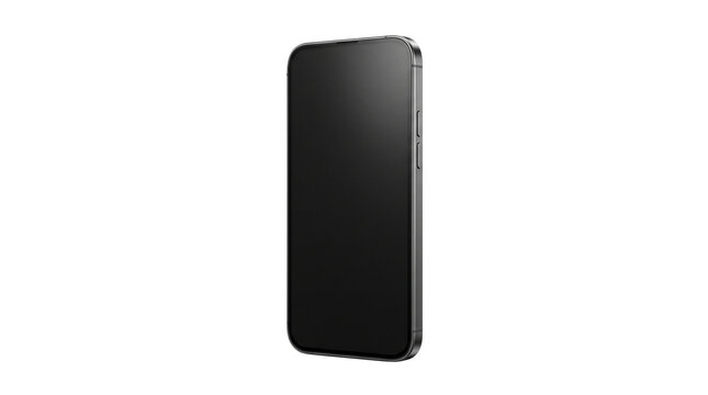 Modern smartphone mockup with black screen, sleek mobile phone device in three-quarter view, premium digital cellular telephone hardware isolated PNG with Transparent Background