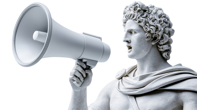 Marble Statue Holding Megaphone for Marketing Promotion Concept