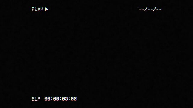 Video Cassette Recorder (VCR) SLP Animation with PLAY Text and Timecode over Analog TV Noise with Glitch Effect. 4K Retro Vintage Background Overlay for Screen Mode.