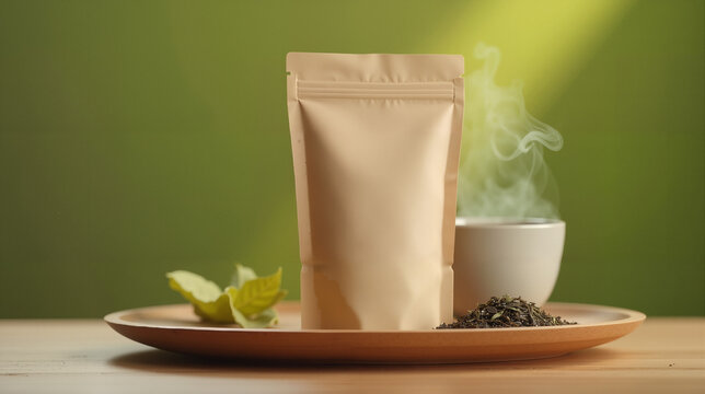 Herbal tea packaging mockup with natural wellness branding composition
