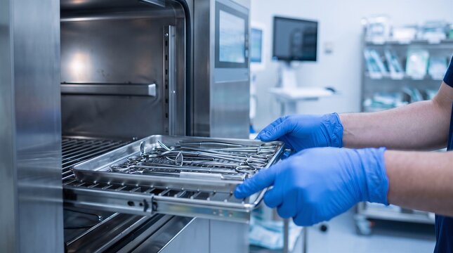 Sterilizing medical surgical instruments in hospital autoclave machine with stainless steel healthcare worker medical supplies medical technology laboratory equipment