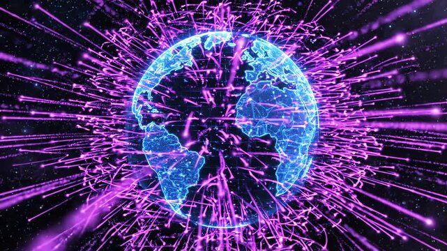 Abstract digital world map with vibrant purple light trails circulating around a deep blue planet symbolizing high speed finance and global networking