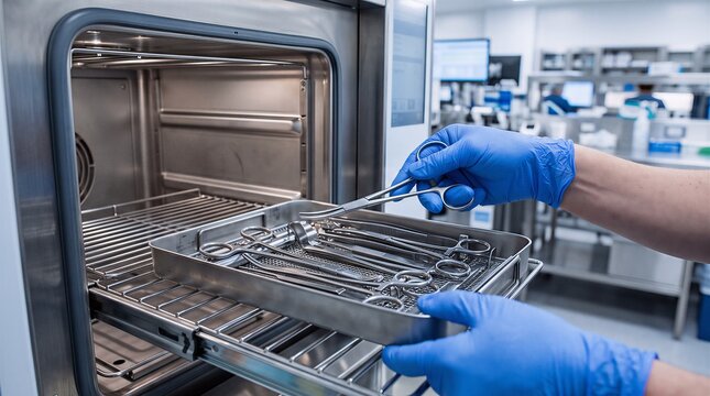 Healthcare worker placing medical tools in autoclave for sterilization with stainless steel medical supplies medical technology laboratory equipment operating room
