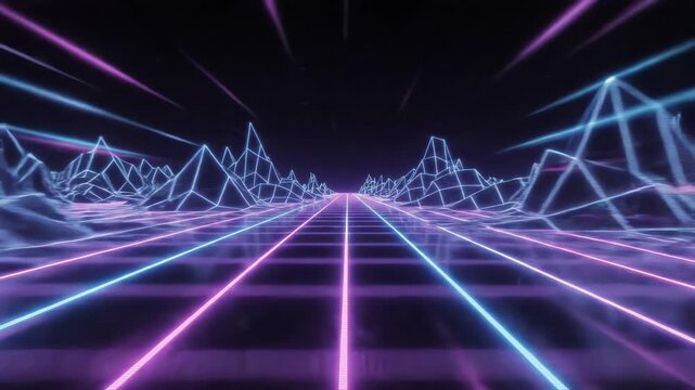 Abstract motion background of a glowing neon cyan and magenta synthwave grid moving forward through a dark digital landscape
