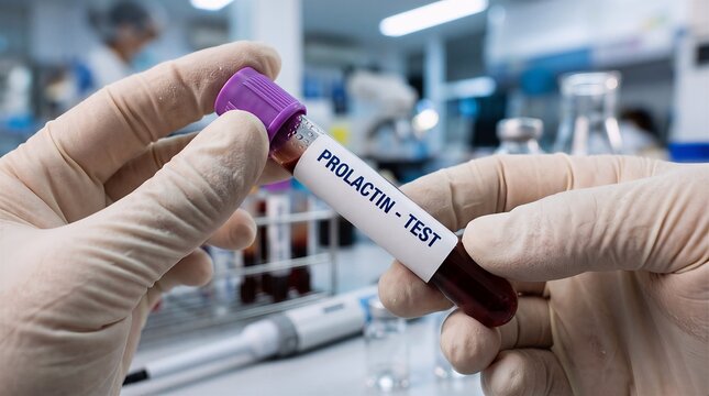 Laboratory technician holding prolactin blood hormone test tube with prolactin laboratory analysis clinical diagnostic healthcare phlebotomy research biochemistry