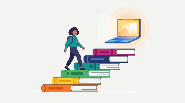 woman climbing stack of colorful books to laptop computer