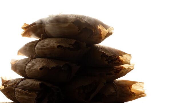 Artistic silhouette of traditional handcrafted tamales stacked against a bright white background