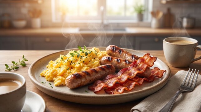 Hearty breakfast plate with eggs and bacon