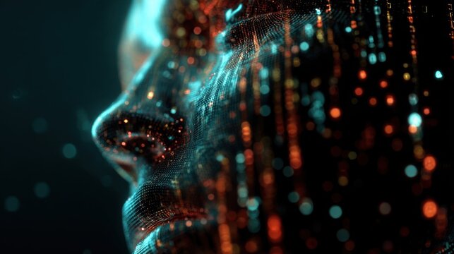 Digital human face profile with glowing data particles in dark cinematic mood