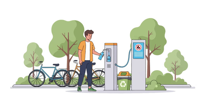 Vector illustration of a man refilling a blue reusable bottle at a public water station in a park with green trees, parked bicycles, and a green recycling bin for sustainability.