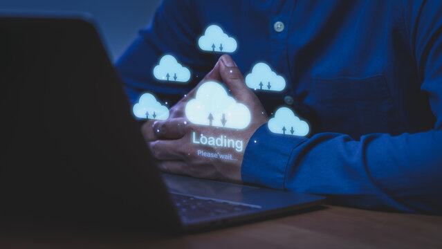 Cloud computing technology concept with digital cloud, data transfer and loading on laptop. Business solution for online storage, cybersecurity, remote work and digital transformation innovation.