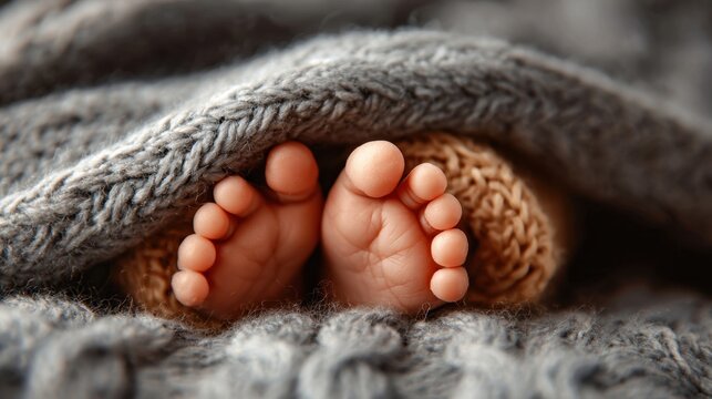 Tiny newborn baby feet peeking out from soft gray knitted blanket