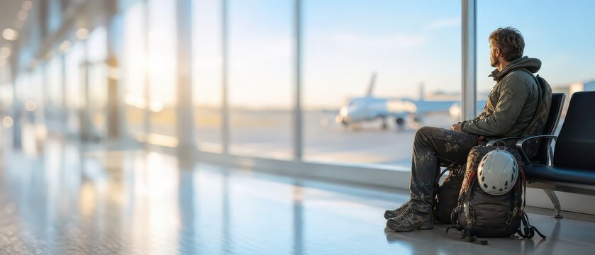 Person waits at airport for flight in early morning light by big windows