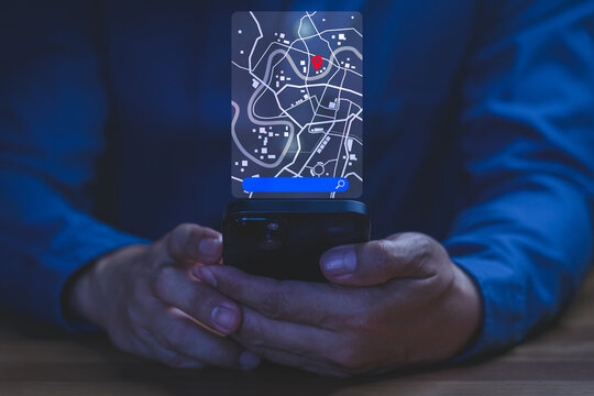 GPS navigation technology concept with smartphone map, location tracking and digital route plan. Modern geolocation solution for mobile technology, online navigation and connect lifestyle innovation.