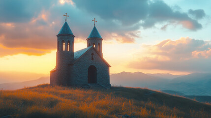 Naklejka premium Beautiful Rural Church with Dramatic Sky and Golden Evening Light