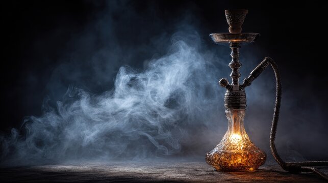 Ornate hookah with glowing amber base and swirling smoke on dark background