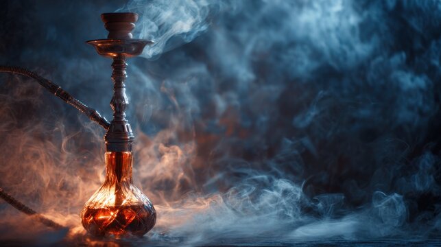Ornate hookah with glowing base surrounded by dramatic smoke clouds on dark background
