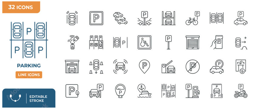 Professional collection of 32 parking line icons for automotive apps and city infrastructure maps.