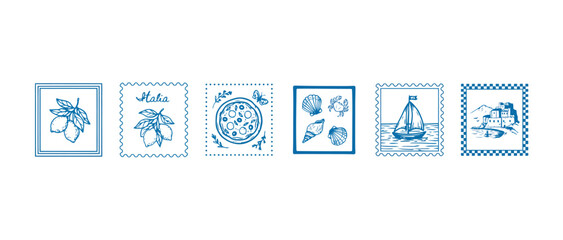 Set of hand drawn Italian themed stamps featuring lemons, pizza, sea life and coastal scenery © mkpn