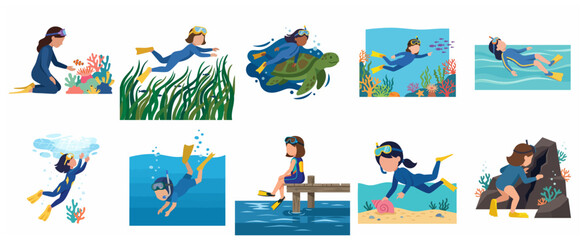 Vector Illustration Set of a Girl Snorkeling and Scuba Diving, Exploring Underwater Marine Life, Coral Reefs, Sea Turtles, and Ocean Biodiversity © Gilaang
