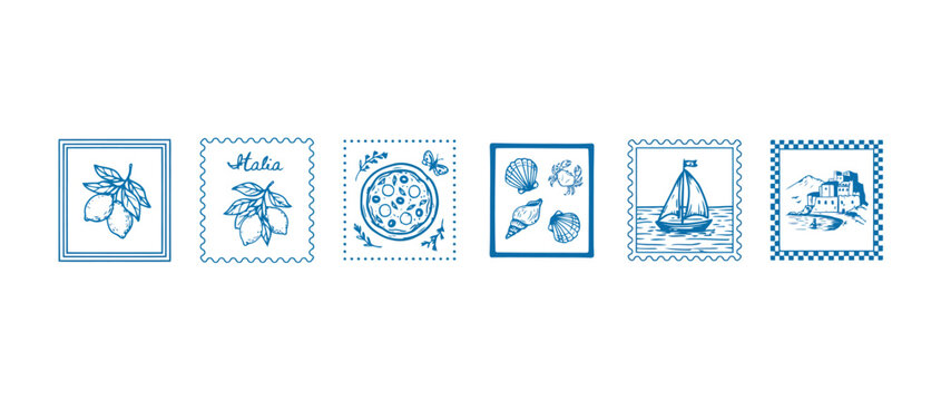 Set of hand drawn Italian themed stamps featuring lemons, pizza, sea life and coastal scenery