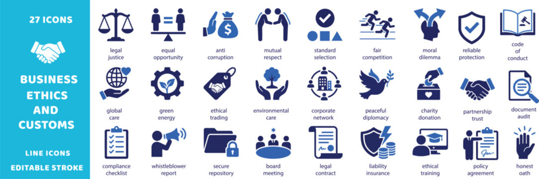 Business ethics and customs vector icons. Corporate compliance legal justice policy and moral responsibility glyph signs set. Code of conduct icon