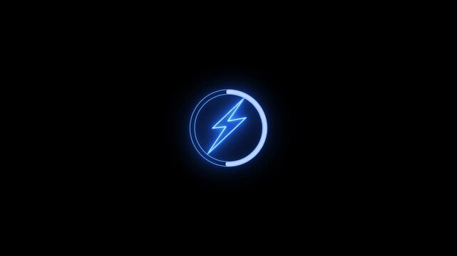 A glowing blue neon lightning bolt icon on a brick background. Energy neon set.