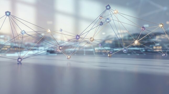 Abstract illustration of a network of interconnected data points with blurred city background