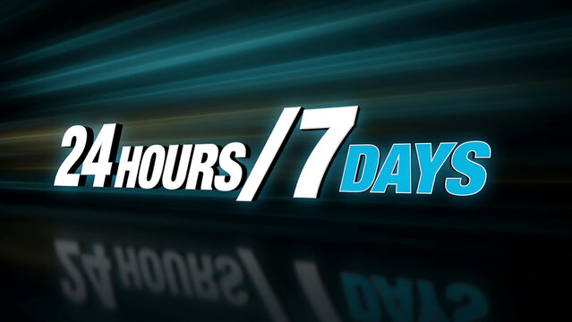Bold twenty four hours seven days text design with glowing blue light effect over dark background emphasizing constant availability and service for modern business operations.