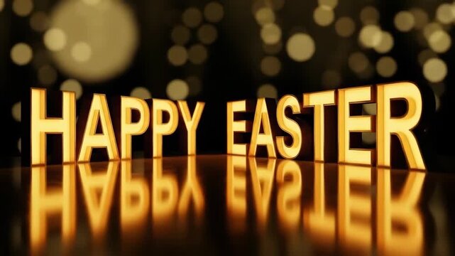 Golden happy easter text sign glowing against a dark bokeh background