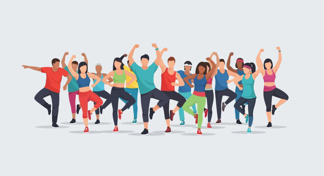 Diverse group of energetic people enjoying a lively dance fitness class together, showcasing teamwork, health, and dynamic movement.