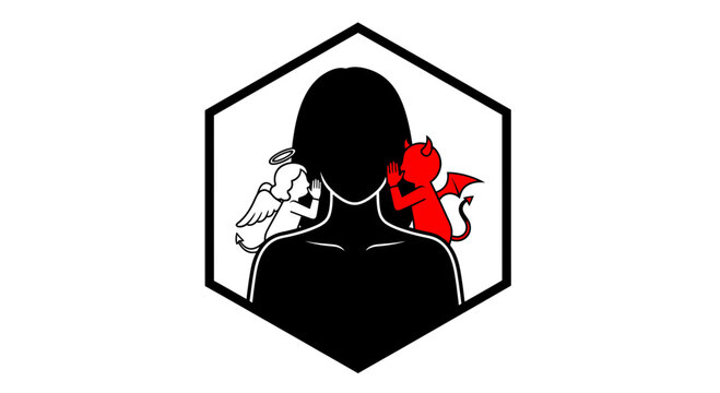 Angel and devil whispers to person, indecision, temptation and conscience concept