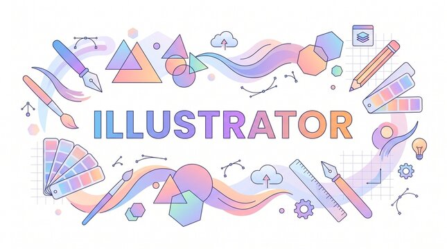 A modern vector artwork showcases various design elements and tools for an Illustrator.