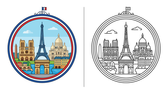 Paris Skyline Landmark Collage: Eiffel Tower, Notre Dame, Arc de Triomphe, Sacr&eacute;-C&oelig;ur