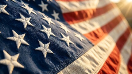 Fototapeta premium Close up of the stars and stripes of an american flag with a golden sunlight effect