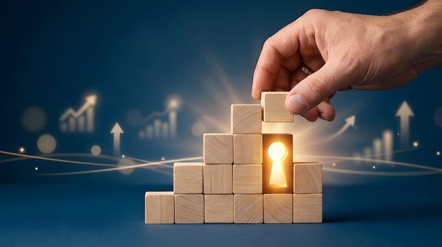 Business Growth Concept with Wooden Blocks and Keyhole on Blue Background