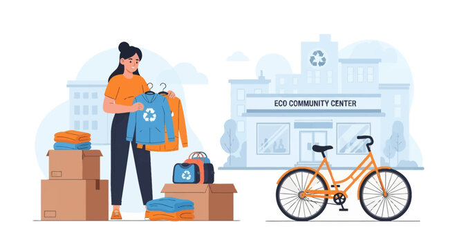 Vector illustration of a woman sorting second-hand clothes and bags into cardboard boxes for donation outside an eco community center with an orange bicycle and city background.