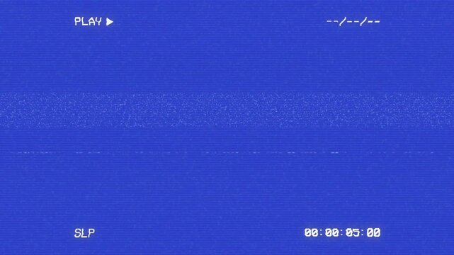 Video Cassette Recorder (VCR) SLP Animation with PLAY Text and Timecode on Blue Screen Overlay. 4K Retro TV Interface for Chroma Key.