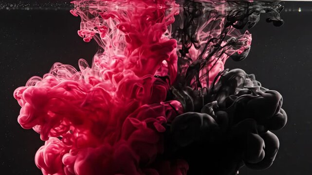Cinematic macro shot of swirling deep crimson and onyx ink patterns mixing slowly in clear water to form an abstract celestial cloud