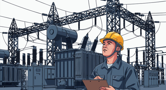 Electrical Engineer Inspecting Power Grid Station Digital Illustration Vector Design Concept for Utility Maintenance and Energy Infrastructure