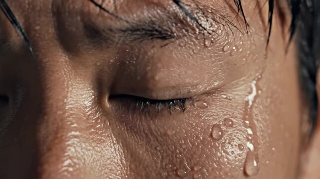 Extreme close up of sweaty male athlete face during workout.