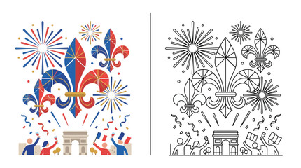 Parisian Celebration: Arc de Triomphe, Fireworks, Fleur-de-lis, French Flag Colors © Zeyi