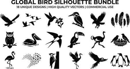 Obraz premium Set of eighteen high quality bird silhouettes featuring various species in different poses for commercial graphic design projects
